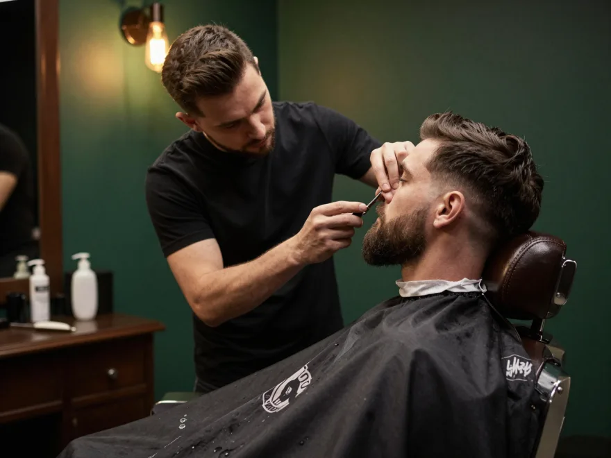 Barbier taillant une barbe dans un barbershop premium