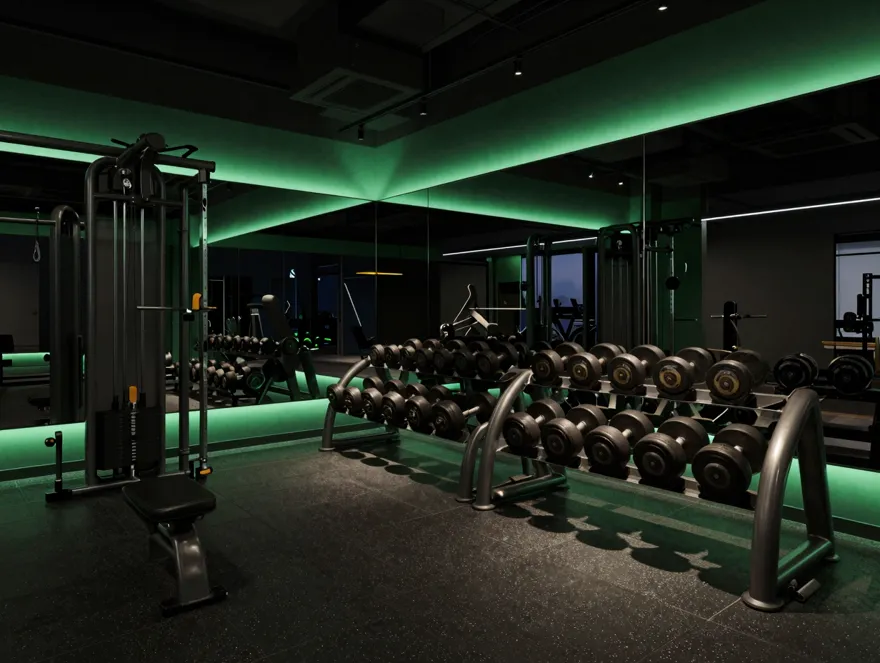 Salle de sport moderne éclairée de vert